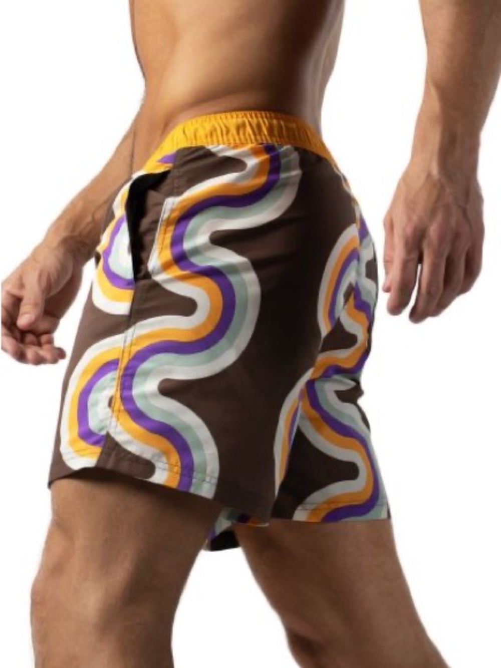 Jack & Jones Brown Swim Trunks with Yellow, Purple & White Wave Print